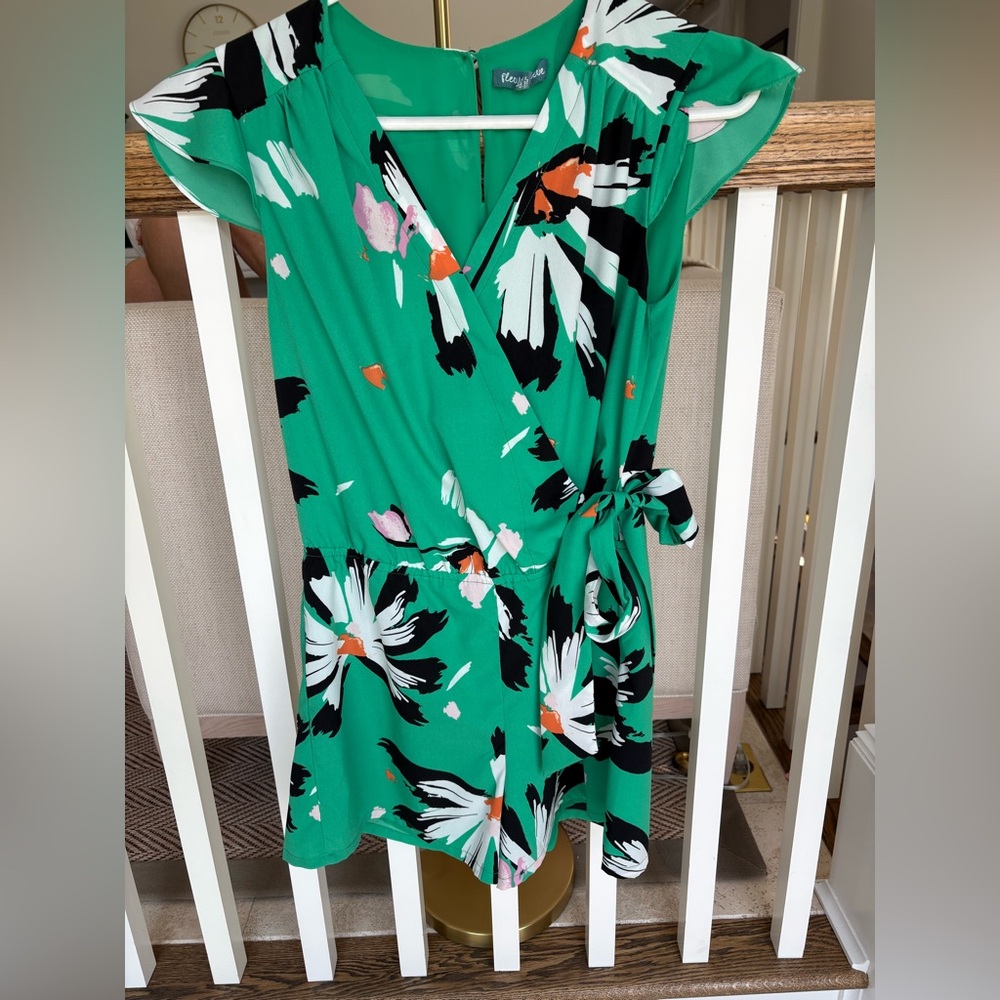 Floral Green Faux Wrap Side Tie Romper